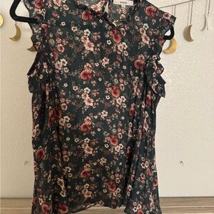 Floral Ruffle Sleeve Top - Green and Pink